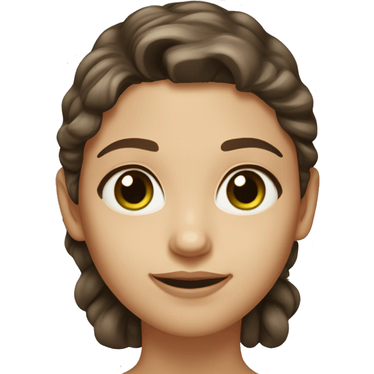 Generates an iOS 18.1 style emoji of a young woman with slightly wavy, dark brown, mid-length hair, green and brown eyes (hazel eyes), very light skin and a round face emoji