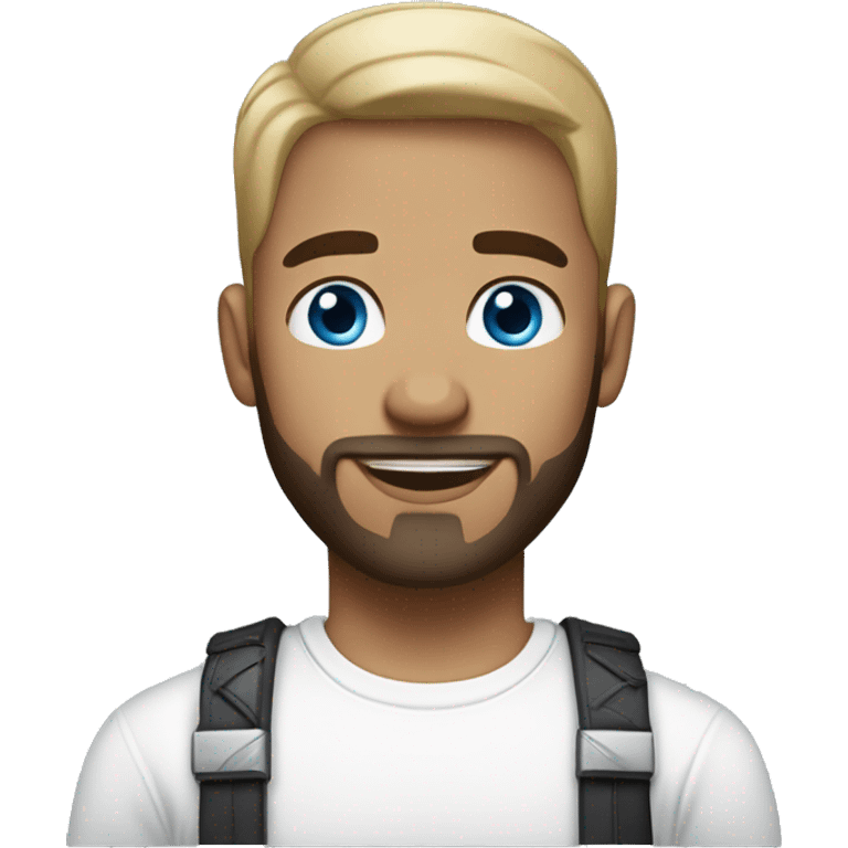 A guy with blue eyes, light skin, super short hair, a little beard on his chin, wearing a white T-shirt, a silver earring with a cross on one ear. emoji