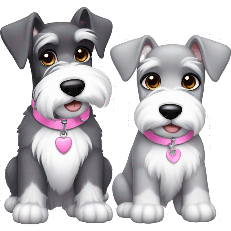 One big gray schnauzer with dark eyes that’s wearing a black collar with a silver tag next to a small all white puppy schnauzer that’s wearing a pink collar emoji