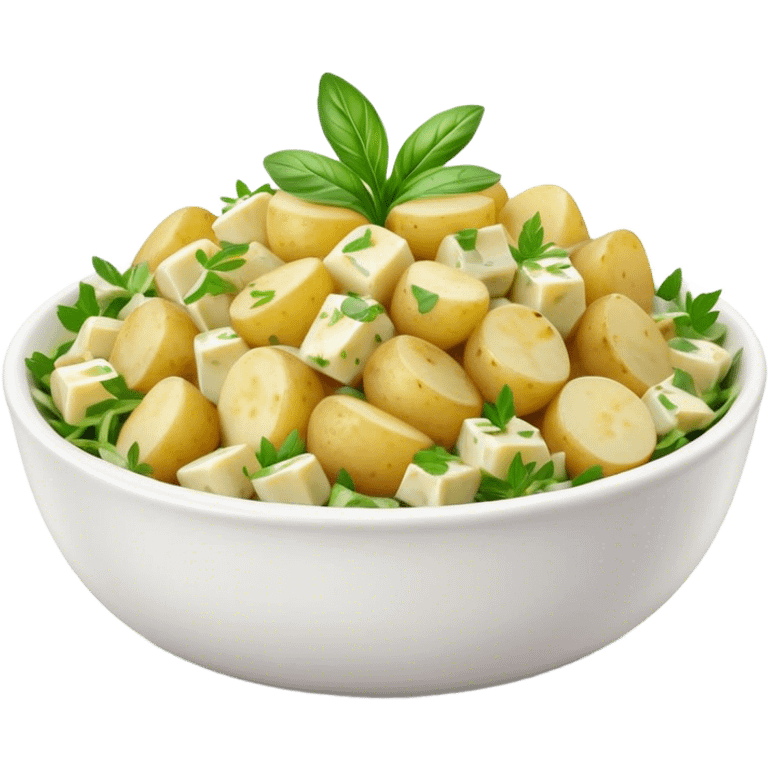 Cinematic Realistic Kartoffelsalat Dish Emoji, showcasing a traditional potato salad with fresh herbs and tangy dressing rendered with lifelike detail and vibrant, natural lighting. emoji