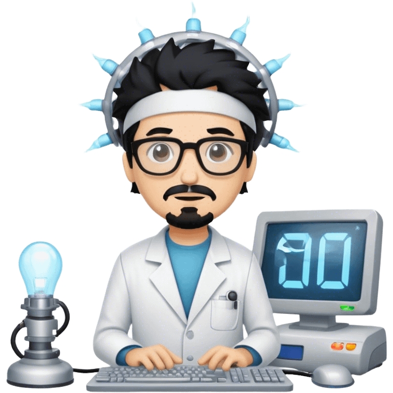 Mad scientist with black hair and goatee and glasses named Omni with headgear on and a computer emoji