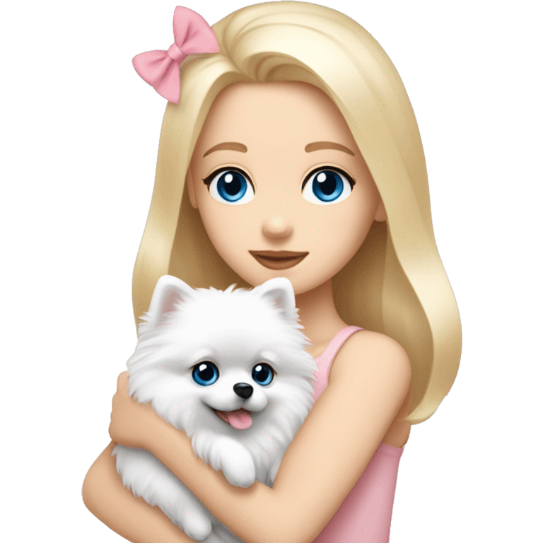 Blond girl white skin blue eyes hugging white Pomeranian with light pink bow emoji