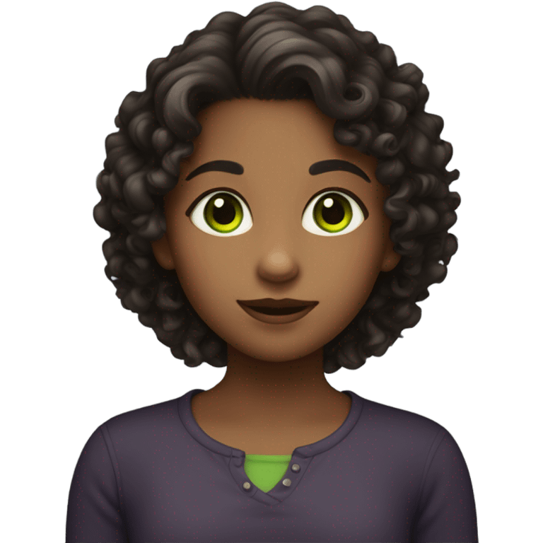 girl with a dark curly not long but not short hair. She has a green eyes and cute face  emoji