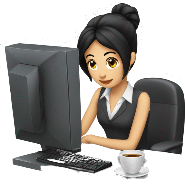 Secretary black hair computer and drinking coffee emoji