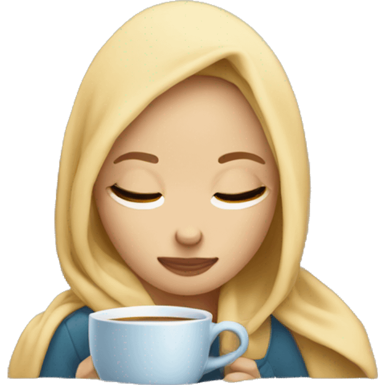 girl inside a blanket sipping coffee eyes closed with light skin and blonde hair emoji