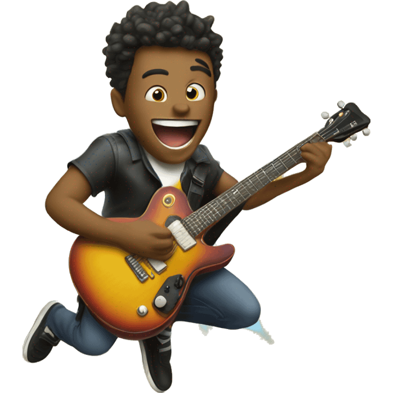 a guy playing guitar, jumping, with his tongue out, and rays in the bckground emoji