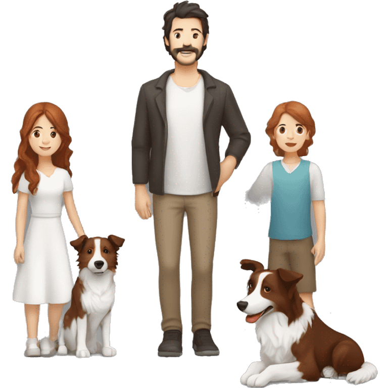 A family of a tall white man with a dark beard and hair andand a White woman with long brown hair and a brown haired child boy and a small red and white cattle dog border collie mix dog emoji