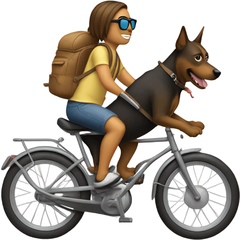 Human riding a bike with a backpack. Put the dog in the humans backpack. There’s a dog in the backpack and it is wearing sunglasses  emoji