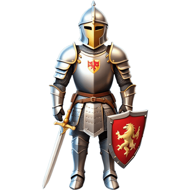 Clash of Clans aesthetic: Cinematic heroic Armored Knight Hero Emoji, rendered in a 3D vector-style similar to standard emojis with minimal shading and bold, simplified shapes. A compact, isometric warrior clad in gleaming plate armor with intricate heraldic details, softly glowing with a chivalrous medieval charm. Simplified yet unmistakably iconic, highly detailed and consistent, glowing with a soft radiant shine and high polish. Stylized with a touch of noble valor and a soft glowing outline, wearing a full face helm so that no face is visible with only eyes visible, capturing the essence of a gallant knight ready for honorable battle with a friendly, playful manner! emoji