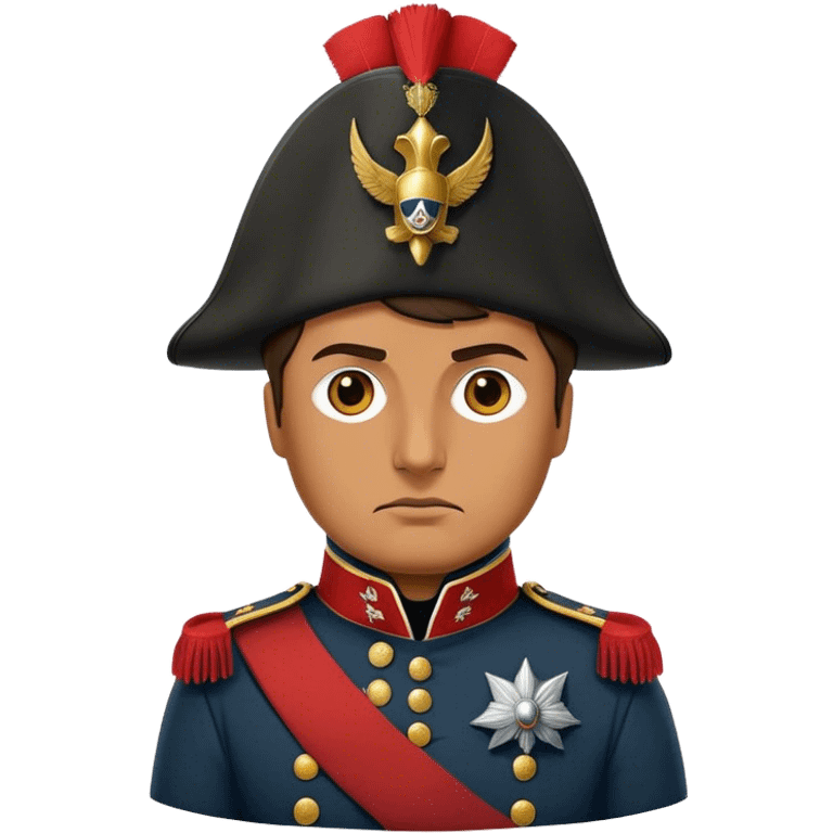 Cinematic Realistic Napoleon Bonaparte Portrait Emoji, depicted as a commanding military leader with a determined gaze and iconic bicorne hat, rendered with dramatic textures and bold historical lighting that captures his imperial legacy. emoji