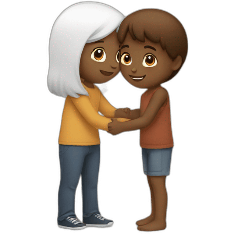 brown girl with white skin hugging a brown boy with white skin shorter than her emoji