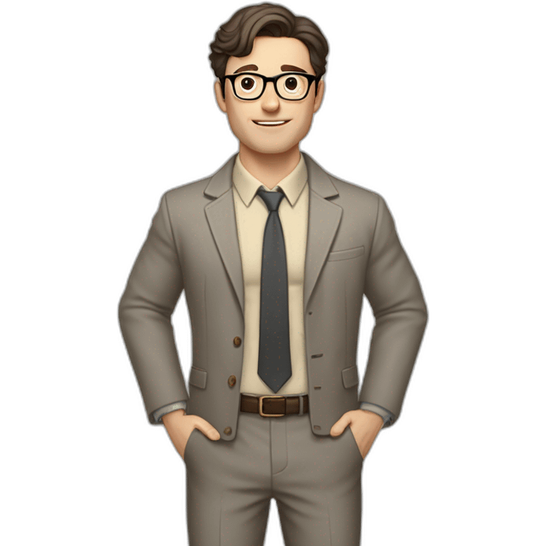 Full height Pale skinned Fit Man With dark brown hair in gray jacket, beige office shirt, tie, Brown pants and vintage glasses. Thrumbs of his palms directed up emoji