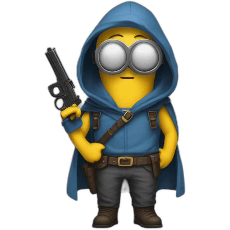 no face normal minion with glasses in hood in blue sleeveless shirt with with raised hands and pistols in each with a gold insert on the belt in gray pants and leather boots emoji