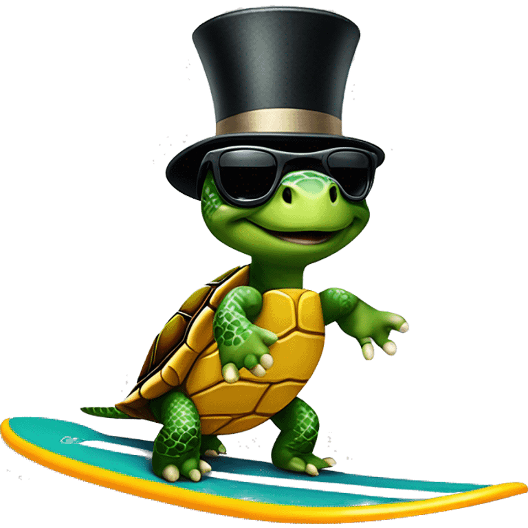 turtle riding a surfboard with a tophat on and sunglasseds emoji