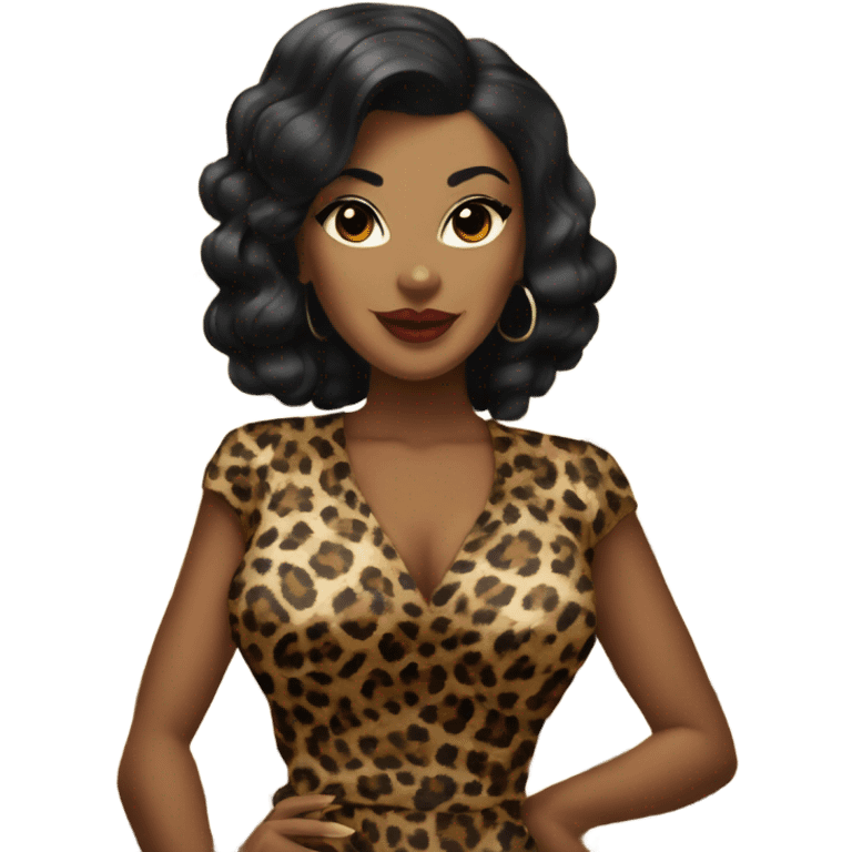 pin up brown woman with black hair in a leopard dress  emoji