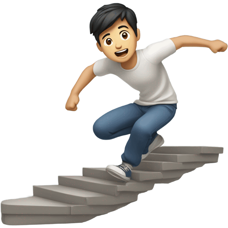 Asian guy falling down long steps emoji