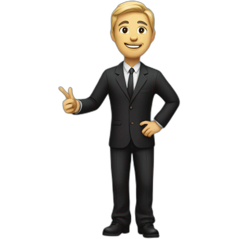 Full length teacher in black suit pointing finger up emoji