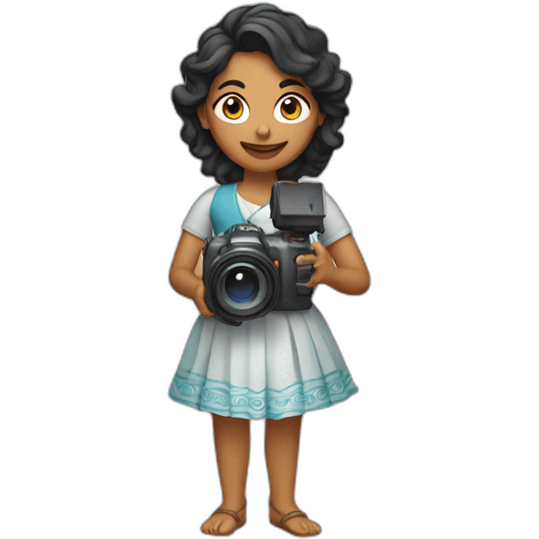 Indian woman with wavy hair and a folded skirt holding a video camera emoji