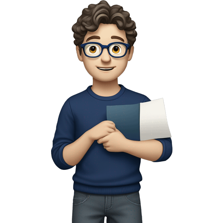 caucasian white boy with dark wavy  hair, blue glasses, and carrying design paper plan because he is an architect carrying a pencil and a set model maquette. wearing a navy blue long sleeve sweater shirt. smart.  emoji