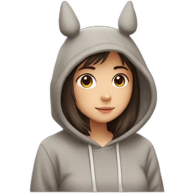 Fille Brune avec un sweat-capuche Totoro avec les couleurs de Totoro emoji