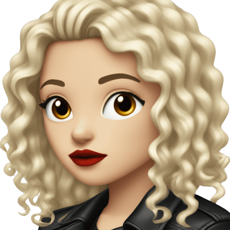 White girl, with long curly black hair, with red lipstick, black winged eyeliner, wearing black shirt and black leather jacket emoji