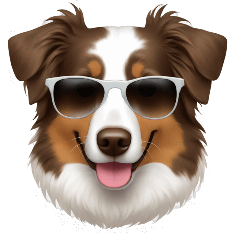 White and brown Australian Shepherd with sunglasses emoji