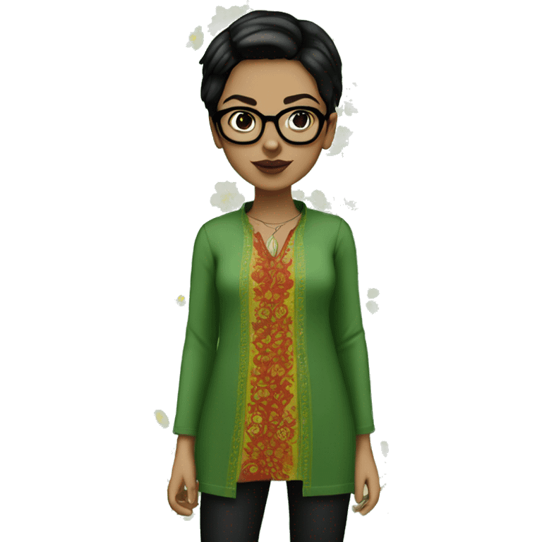 White girl in a green kurta with flower design, glasses, alot of piercing, gay, red lips, nose ring, full body, short straight black edgar hair, black straight hair emoji