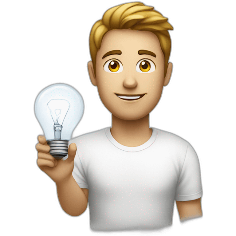 man with white tshirt thinking light bulb emoji