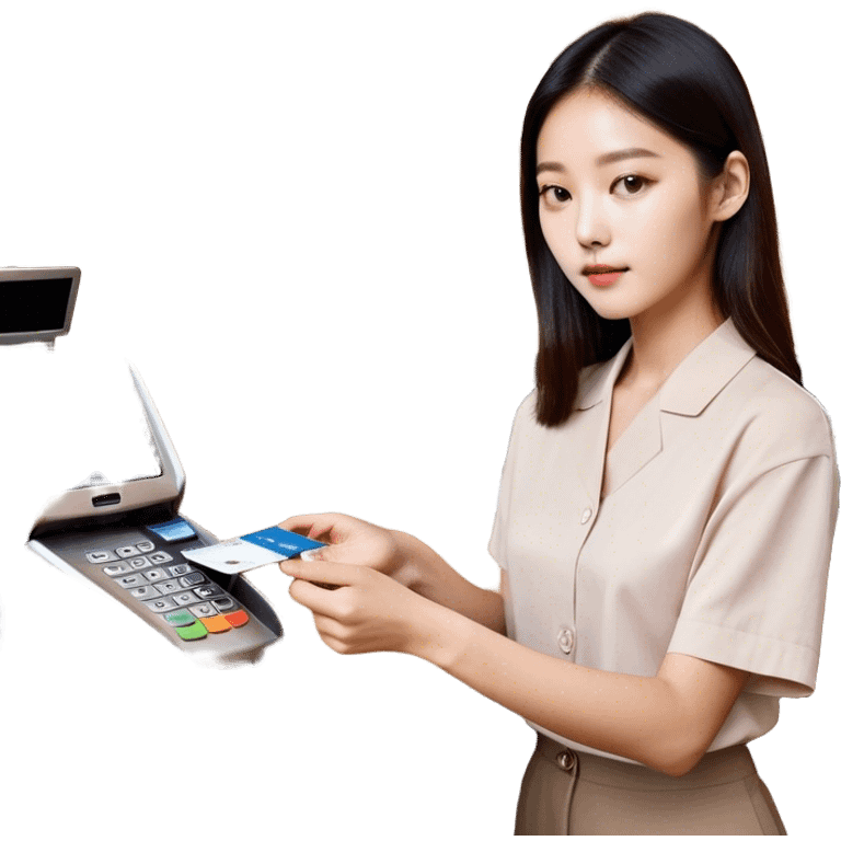 “An emoji-style illustration of a Korean person making a payment with a credit card. The person is holding a credit card and inserting or tapping it on a payment terminal. The scene suggests a typical transaction at a store or café counter, with a cashier or payment machine present. The person appears focused or content while completing the purchase. The style is minimalistic and expressive, resembling an emoji.” emoji