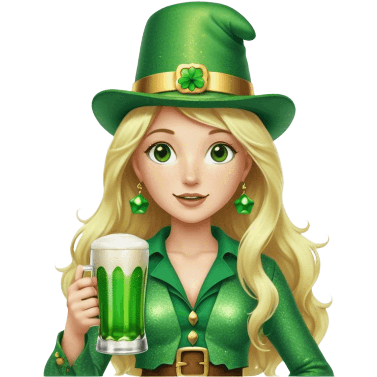 Blonde haired pretty woman with freckles glittery green bell bottoms and tall leprechaun hat holding a green beer emoji