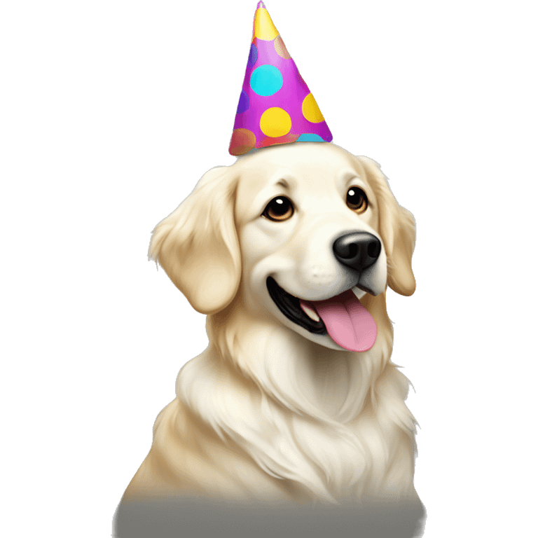 White golden retriever wearing polka dot party hat emoji