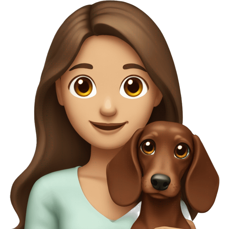 a smiling girl with brown long hair and brown eyes holding a dachshund in her arms emoji