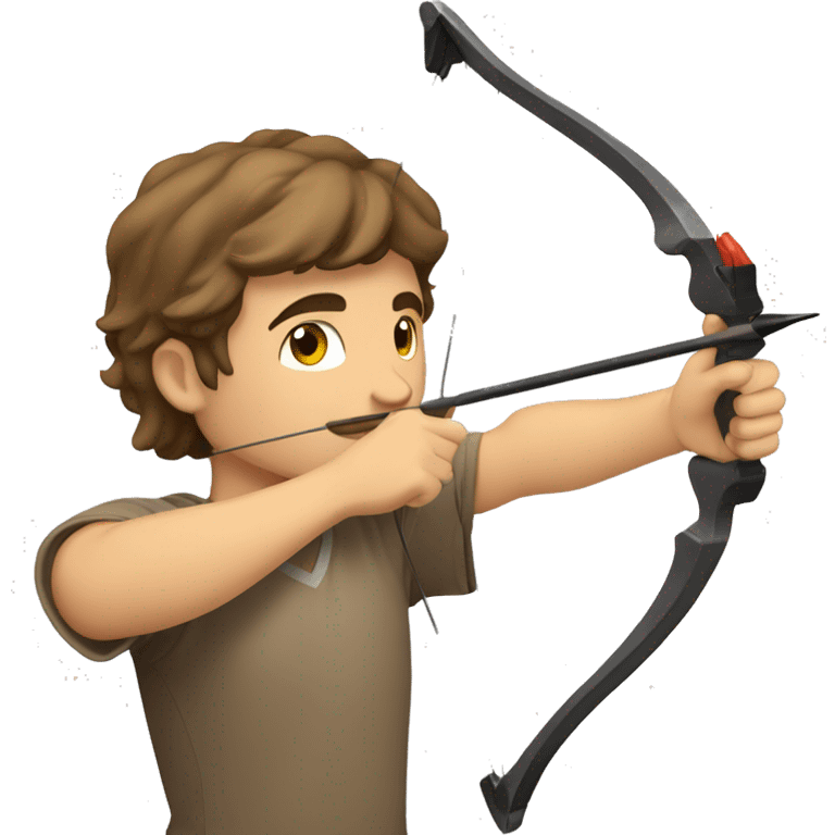 a male archer aiming with a bow looking at his target, wearing a tshirt, brown hair, bright skin, emoji