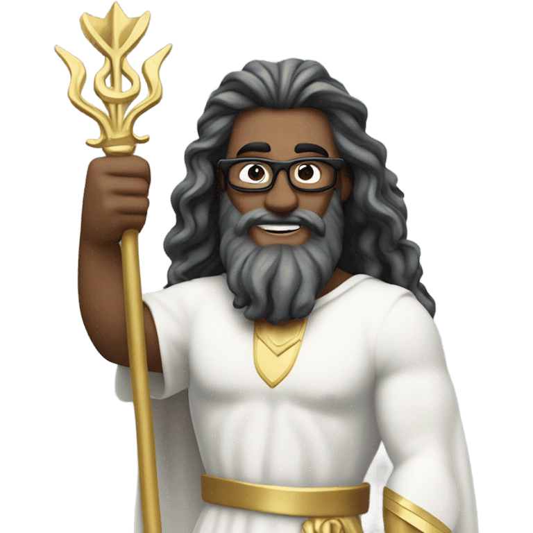 Poseidon with gold Trident and glasses. long hair white dress. smile . eye wink. point us with index emoji