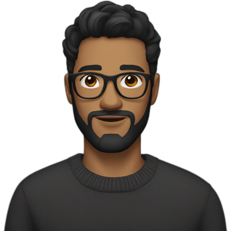 A young man with black hair styled up and to the side, a beard and wearing dark grey glasses and a black sweater emoji