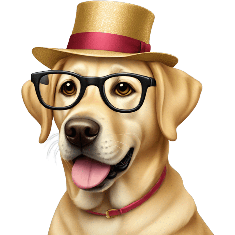 Golden lab dog wearing spectacles and fancy hat emoji