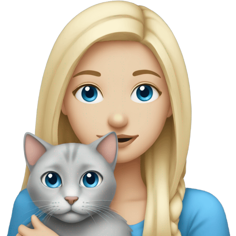 Blonde girl with blue eyes snuggling her grey cat  emoji