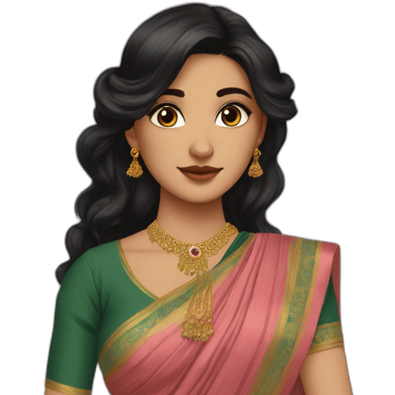 fair girl, hazel green eyes, wavy black long hair, in saree. Very pretty emoji