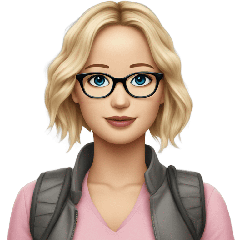 Jennifer Lawrence,  blu eyes wearing glasses and pink kiss emoji