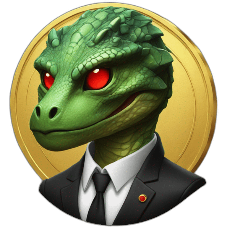 Reptilian with red laser eyes in black suite on the golden coin emoji