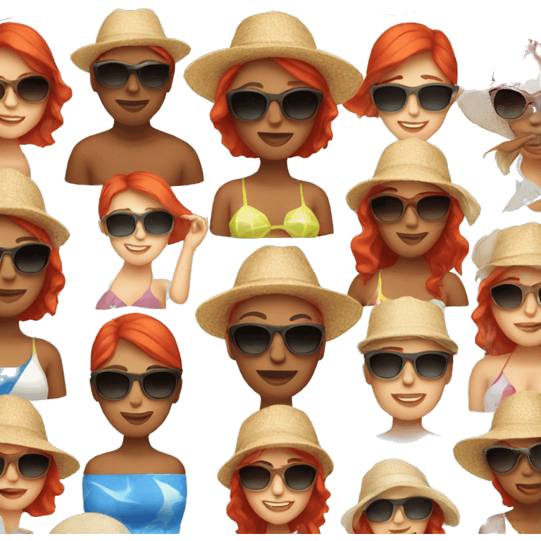 Woman with red hair, sunglasses, and a beach hat emoji