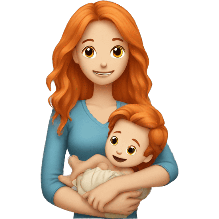 Girl with long orange hair holding baby boy with brown hair emoji