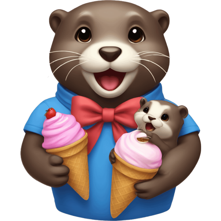 otter with baby otter and both eating ice cream and with a bow  emoji