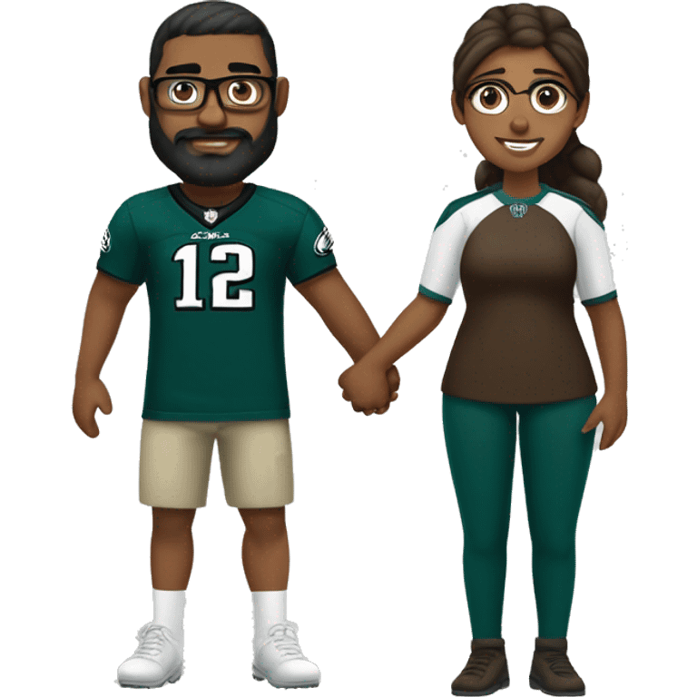 Heavy Brown guy no glasses with beard mustache and brown girl with glasses and her hair in a bun in Philadelphia eagles clothes holding hands emoji