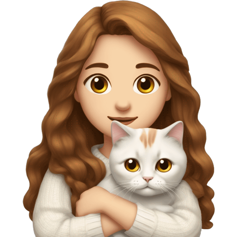 a girl with long brown hair, in a white sweater, hugs a Scottish fold cat. emoji