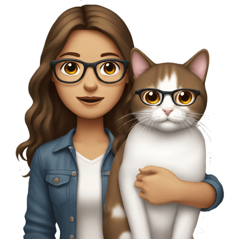 Medium brown hair with glasses, tanned Girl holding white cat emoji