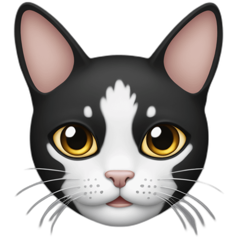 El gato presenta una división en su rostro con la mitad izquierda de color negro y la mitad derecha de color blanco, además de una mancha negra ubicada debajo de la nariz emoji