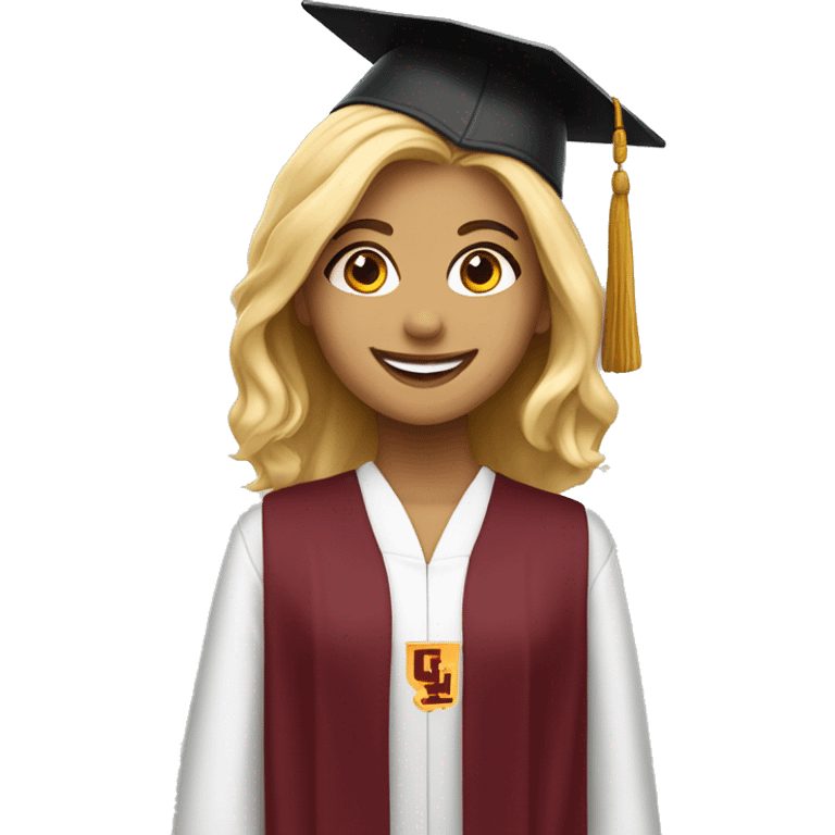 Blonde girl smiling wearing university of Chicago Loyola grad cap emoji