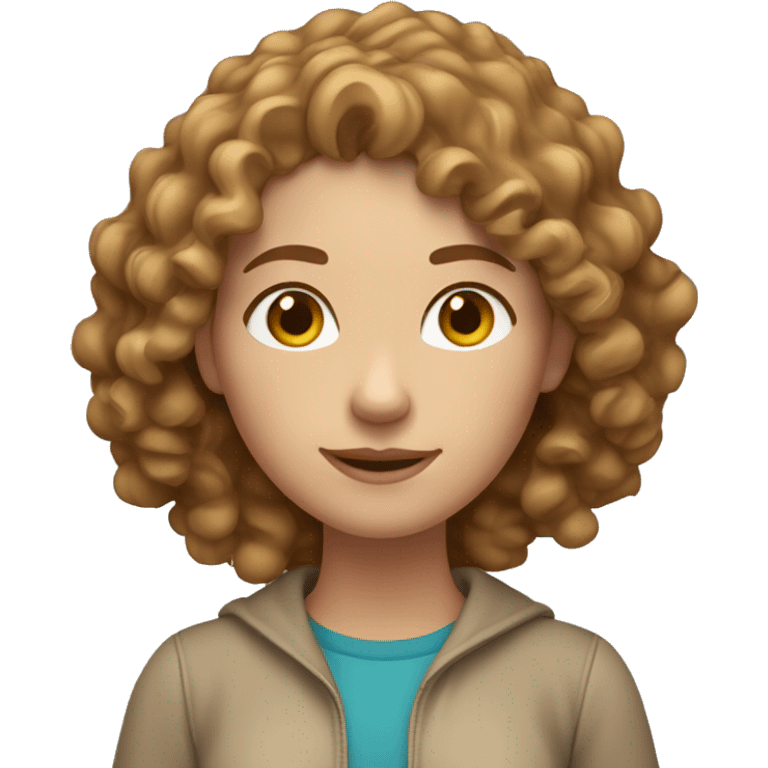 Create a 3D emoji-style image of a young woman with curly light brown hair, fair skin, and wearing neutral-colored clothing. She should have a friendly and confident expression. emoji