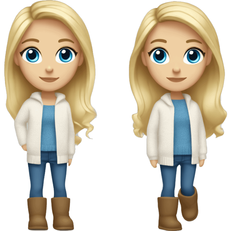 Blond girl with blue eyes and a white fall sweater and blue jeans and Ugg shoes  emoji